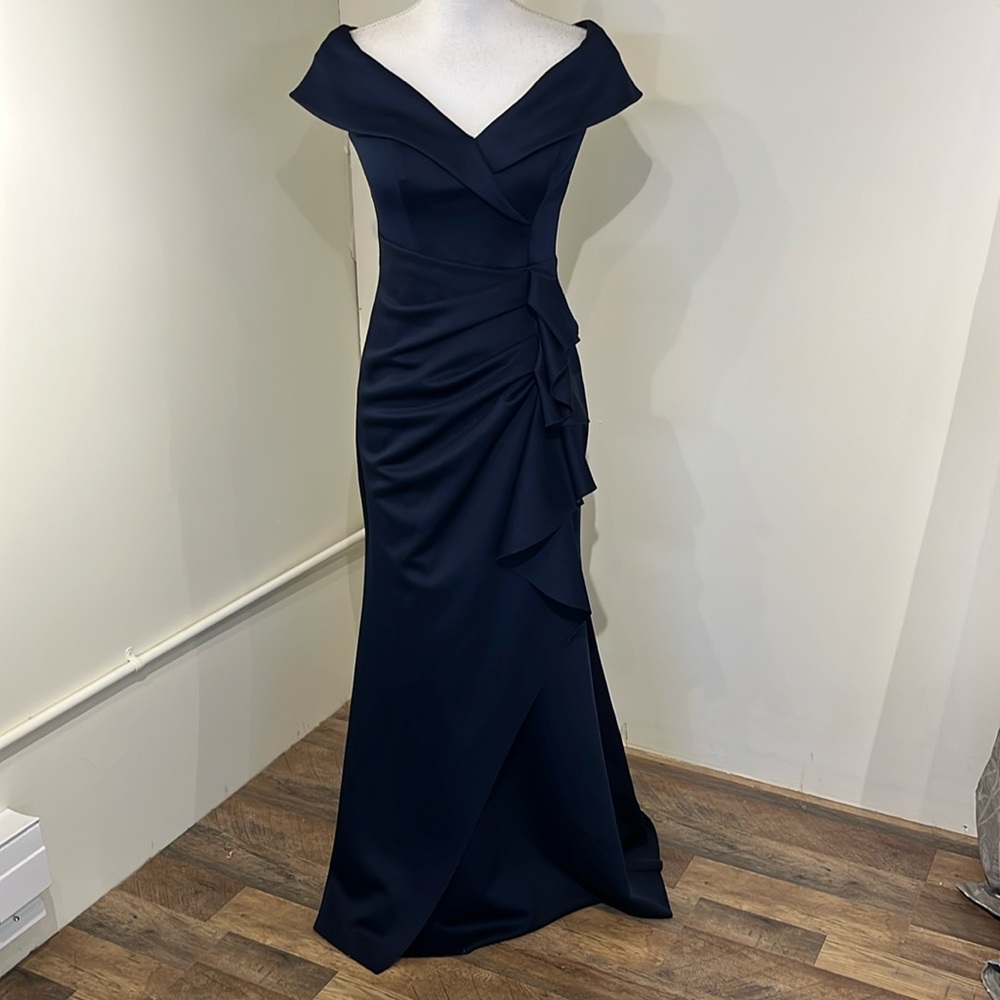 Xscape Navy Blue Off-Shoulder Gown